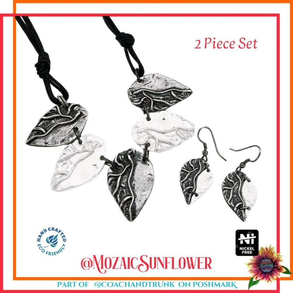 Artisan Crafted Sueded Leather Hypoallergenic Aspen Leaf Necklace & Earrings Set